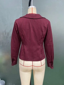 Close-up back view of a slim-fit burgundy pinstripe long-sleeve shirt with blazer collar