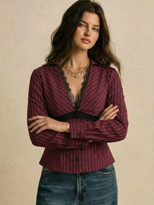 Slim fit burgundy striped long sleeve shirt with black lace trim and V-neckline