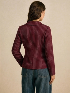 Slim fit burgundy pinstripe blazer for women featuring long sleeves and casual style