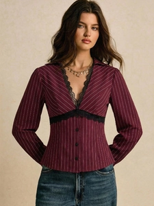 Slim fit burgundy striped shirt with deep V-neck and black lace waist trim for women
