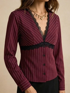 Slim fit burgundy striped shirt for women with elegant black lace V-neck detailing