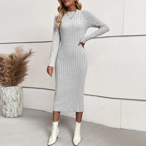 Slim fit grey ribbed knit long sleeve midi dress with round neck for casual chic look