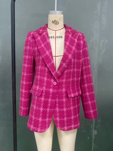 Detail of rose pink plaid blazer coat in tweed fabric with lapel and pocket