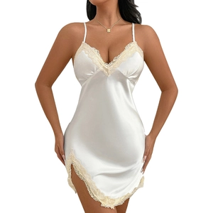 Elegant white satin slip dress with V-neck lace trim and side slit for women