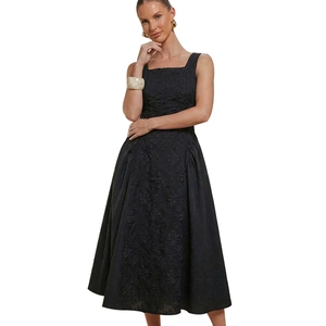 Elegant French style black sleeveless midi dress with embossed floral embroidery