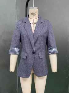 Detail of grey blazer showing blue striped cuff lining and single button closure