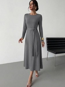 Elegant dark grey long sleeve knit A-line dress with waist belt and round neck