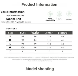 Detailed size chart for long sleeve knit A-line dress showing S to XL measurements