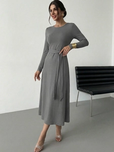 Elegant grey long sleeve knitted A-line midi dress with waist belt for women