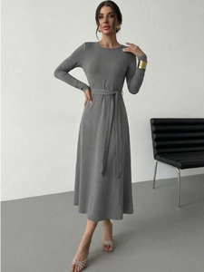 Elegant dark grey long sleeve knit A-line midi dress with waist tie for women