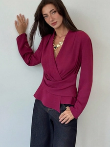 Elegant deep berry crinkle wrap long sleeve top with slim-fit V-neck for women