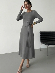Elegant grey long sleeve knit A-line dress with adjustable waist belt for women