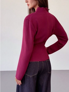 Slim fit high neck long sleeve shirt in deep magenta with micro-wrinkle texture