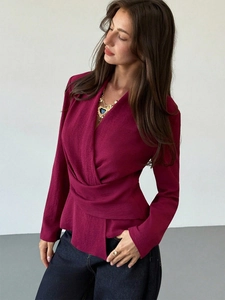 Elegant wine red V-neck long-sleeve blouse with waist twist detail and textured fabric