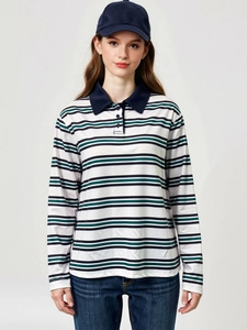 Polo à Rayures pour Femmes Manches Longues Polyester Élasthanne Coupe Décontractée Pullover Rétro Décontracté Navetteur Bureau Hauts Printemps Automne