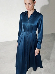 Elegant deep blue satin long sleeve A-line shirt dress with waist tie and buttons