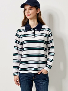 Polo rayé vintage pour femme à manches longues avec col bleu marine pour look décontracté