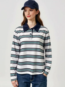 Polo à manches longues pour femmes avec col contrasté et rayures marine et vertes