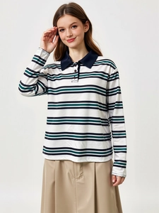 Polo rayé à manches longues pour femmes avec col contrasté et jupe taille haute