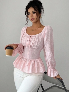 Französische Stil Rosa Jacquard Schößchen Bluse Für Damen Langarm Quadratischer Ausschnitt Schnürung Eleganter Blumen Top Hemd