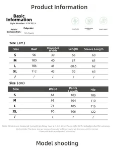 Detailed size chart for long-sleeve top and trousers set with measurements in cm