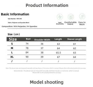 Size guide for long sleeve solid color stretch t-shirt showing S to XL measurements