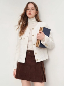 Veste En Tweed Élégante Pour Femme Style Français Col Rond Manches Longues Vêtements D'extérieur Texturés Boutons Dorés