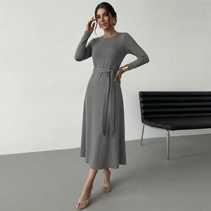 Elegant grey long sleeve knit dress with waist belt and a-line silhouette for women