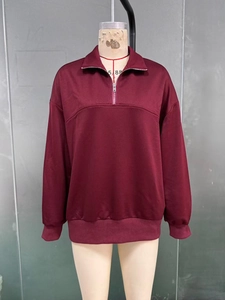 Detail view of burgundy sweatshirt featuring a half-zip stand collar and ribbed cuffs