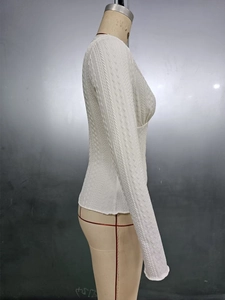 Close-up of the cable knit texture and slim fit design on white long sleeve top