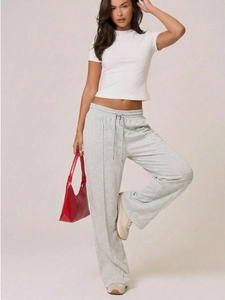 Pantalon large gris décontracté pour femme avec cordon de serrage et taille haute