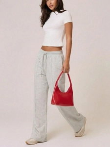 Pantalon de détente gris chiné pour femme à taille haute avec cordon de serrage et jambe large