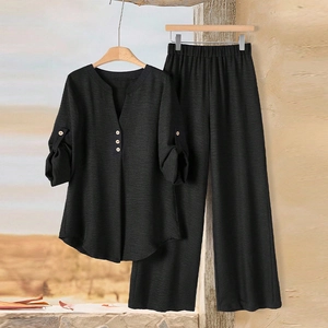 Women Elegant Polyester Long Sleeve Top And Bottom Set Loose Wide Leg Pants Solid Color Commuting Casual Outfit Black