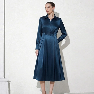 Elegant dark teal satin long sleeve shirt dress with button-up front and A-line midi skirt
