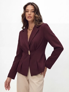 Slim fit burgundy blazer for women featuring a single gold button and tailored waist design