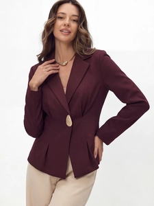 Slim fit burgundy blazer for women with gold button and notched lapel on grey background