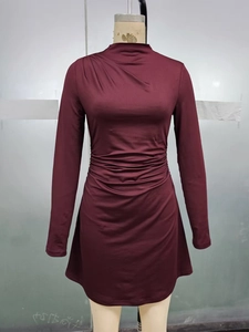 Detailaufnahme der seitlichen Raffung und des Stehkragens an diesem weinroten Kleid