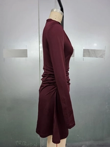 Detailaufnahme eines weinroten Langarmkleides mit eleganten Raffungen an der Taille