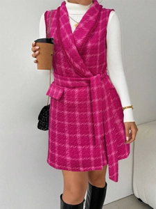 Women's rose red tweed plaid vest with notched lapel and matching waist belt