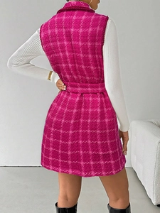 Women's pink plaid sleeveless tweed vest jacket with matching waist belt in trendy style