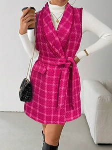 Chic magenta plaid tweed sleeveless vest with a waist belt and lapel collar for women