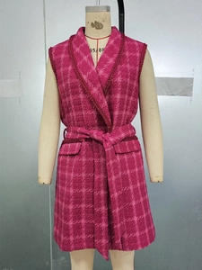 Chic rose pink plaid tweed vest featuring a belted waist and elegant lapels for women