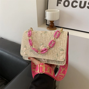 Mode Gewebt Bestickt Schultertasche Für Damen Blumenstickerei Umhängetasche Mit Harzkette Breit Jacquard Gurt
