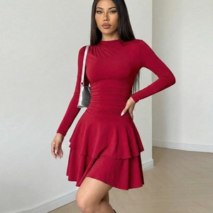 Elegant Long Sleeve Ruched Bodycon Dress For Women Tiered Ruffle Mini Dress Solid Deep Red Slim Fit Sexy Party Clubwear Dress