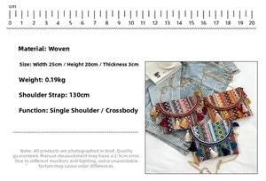 Detailed view of woven ethnic crossbody bags with colorful tassels and golden chain straps