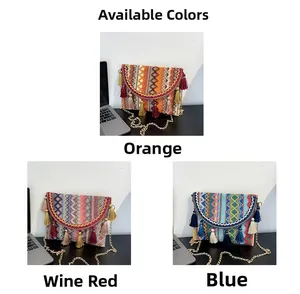 Detailed view of bohemian canvas crossbody bags with colorful tassels and gold chains