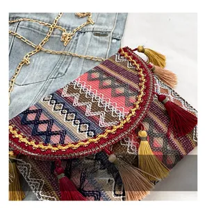 Detailed view of bohemian woven crossbody bag with colorful tassels and golden chain strap