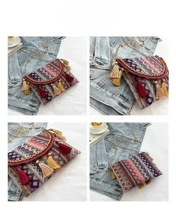 Detail shots of colorful bohemian crossbody bag with geometric embroidery and tassels