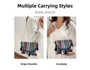 Ethnic plaid chain bag detail with colorful tassels and bohemian embroidered patterns