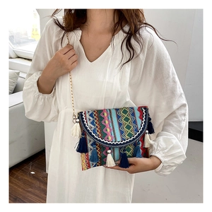 Close-up of ethnic woven crossbody bag with colorful geometric patterns and tassels